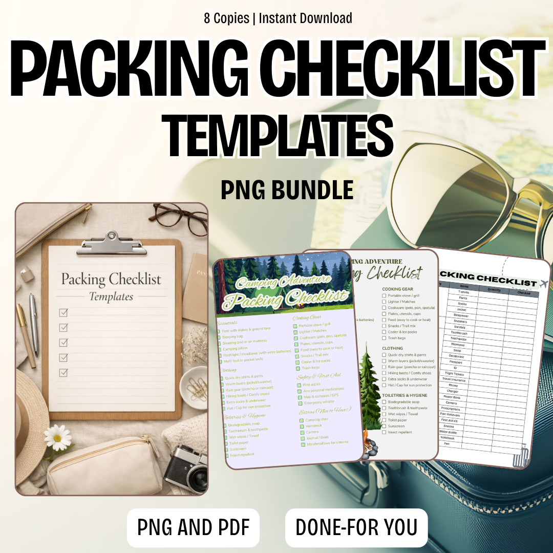 Packing Checklist PNG PDF Success Roadmap Travel Growth Mastery Blueprint Luggage Management Achievement Kit Vacation Strategy Pro Set Logistics Plan