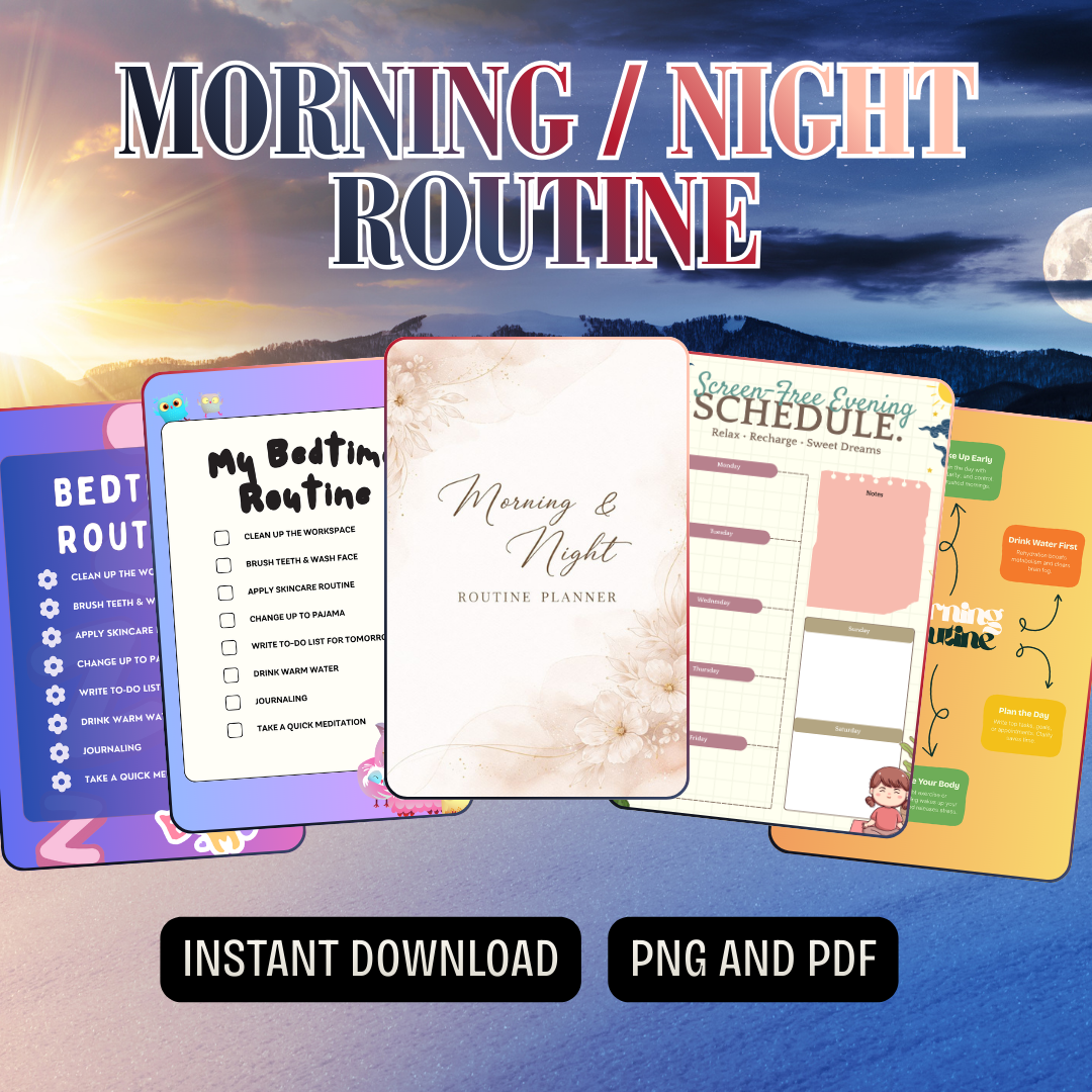 Morning Night Routine Challenge Planner PNG PDF Success Roadmap Growth Mastery Blueprint Habit Achievement Kit Wellness Pro Ritual Set