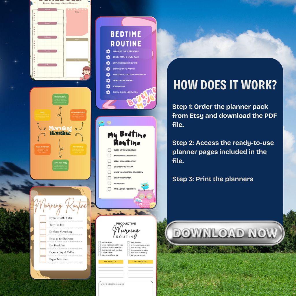 Morning Night Routine Challenge Planner PNG PDF Success Roadmap Growth Mastery Blueprint Habit Achievement Kit Wellness Pro Ritual Set