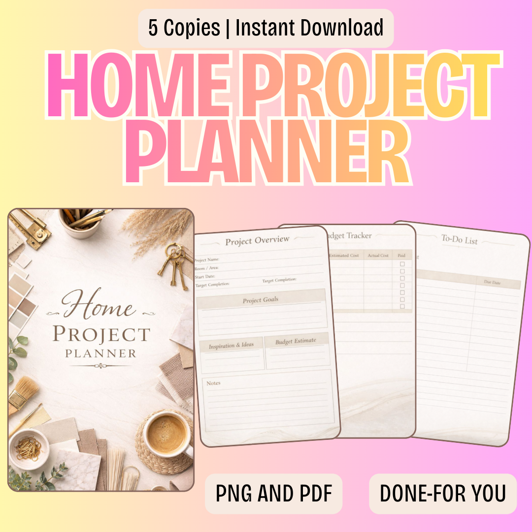 Home Project Planner PNG PDF Renovation Success Roadmap Growth Mastery Blueprint DIY Achievement Kit Interior Design Professional Pro Set